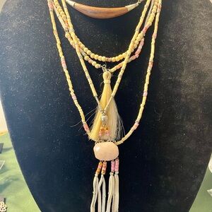 Bohemian 5 Layered Necklace with Tassel, Faux Wood, and Rose Quartz Pendants